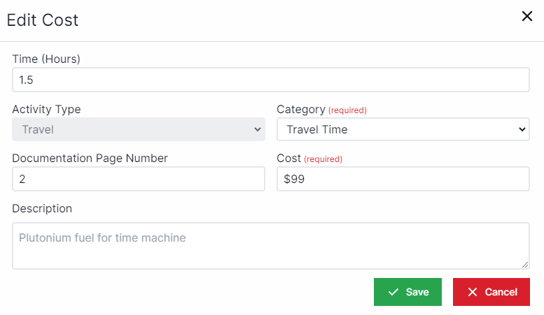 Edit cost pop-up window with the time in hours at the top activity type locked as travel on the top left, a drop-down box for category on the right, documentaion page number under activity type, cost under category, and description under cost. Buttons for Save and Cancel in bottom right corner.