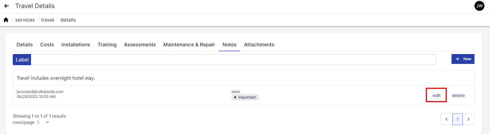 Travel note page with search bar in the top of the screen and plus new at the top right. Below the search bar to the left is the body of a note with the date and time created and who created the note. Below the search bar on the right are the words edit and delete. The word edit is highlighted with a red box.