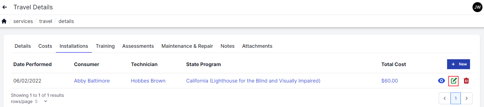Travel installations page with installations tab highlighted on top left. Date perforned, consumer, technician state program,roral cost, and icons to view, edit and attach across the bottom.  The edit icon is highlighted in a red box.