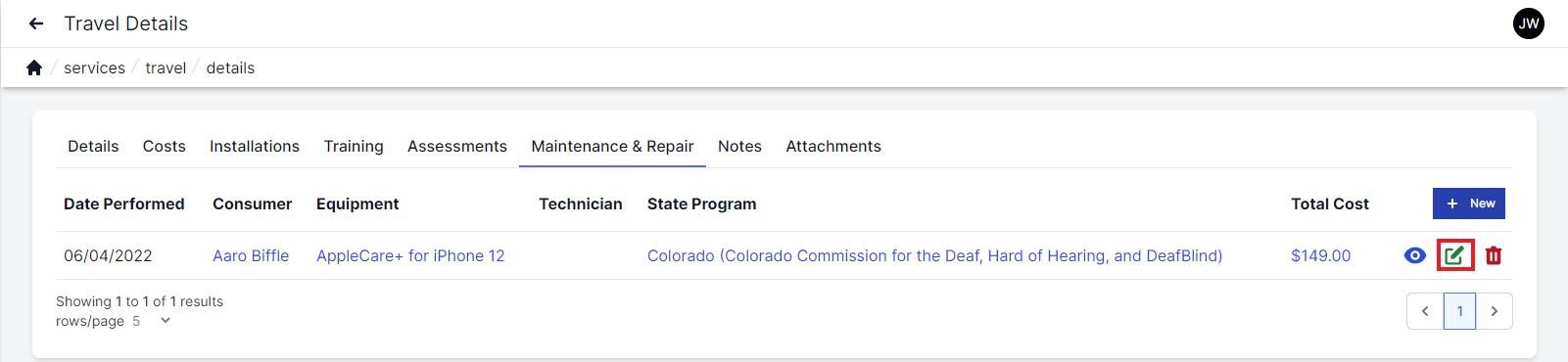 Travel maintenance and repair screen with maintenance and repair tab highlighted at top left. Date performed, consumer, equipment, technician, state program, total cost, and icons to view, edit and delete across the bottom, Edit icon is highlighted with a red box.