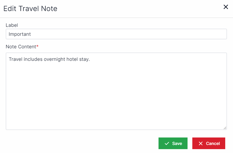 Edit travel note pop-up with Label text field and Note content text field below. Save and Cancel buttons are on the bottom right