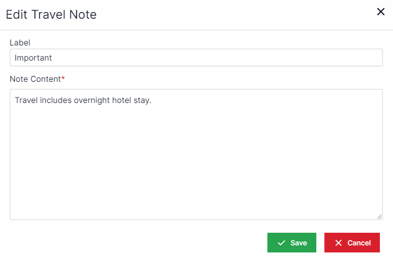 Edit travel note pop-up with Label text field and Note content text field below.  Save and Cancel buttons are on the bottom right