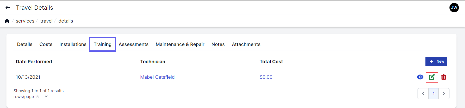 Travel training page with training highlighted in the top left.  Details for date performed, technician, total cost and icons for view, edit, and delete across the bottom,  Edit icon is highlighted in a red box.