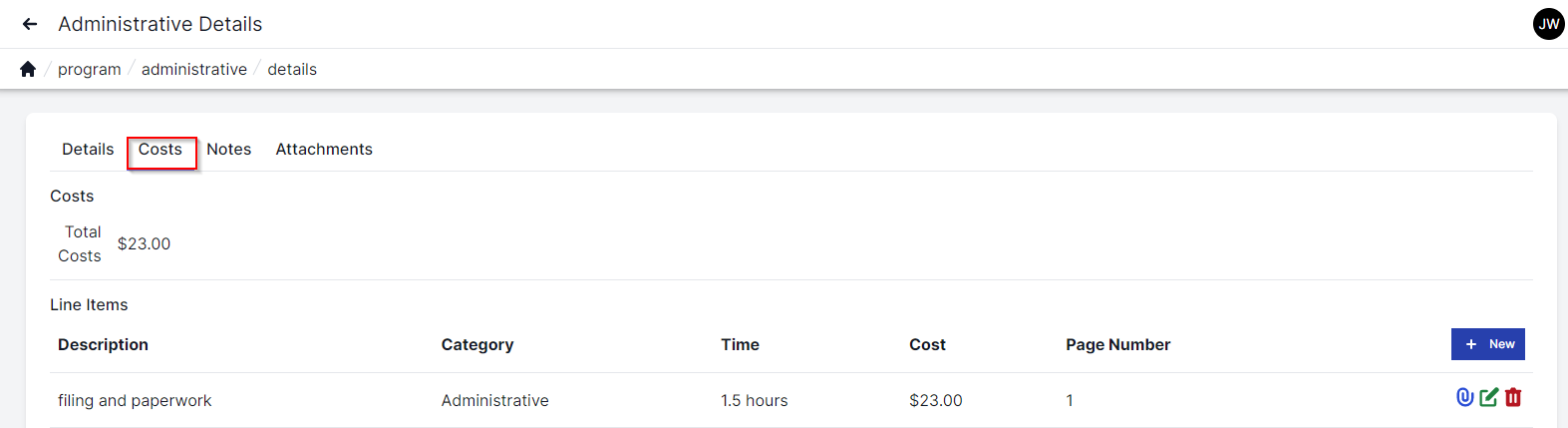 Administrative details page with costs tab highlighted on the top left.