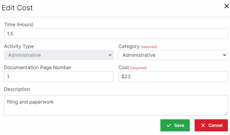 Edit Cost pop-up with the time in hours at the top, beneath that on the left the activity type locks as Administrative, on the top right there is a drop-down box for category. Below activity type is documentation page number. to the right of documentation page number is cost. Below documentation page number is description. In the bottom right are the Save and Cancel buttons