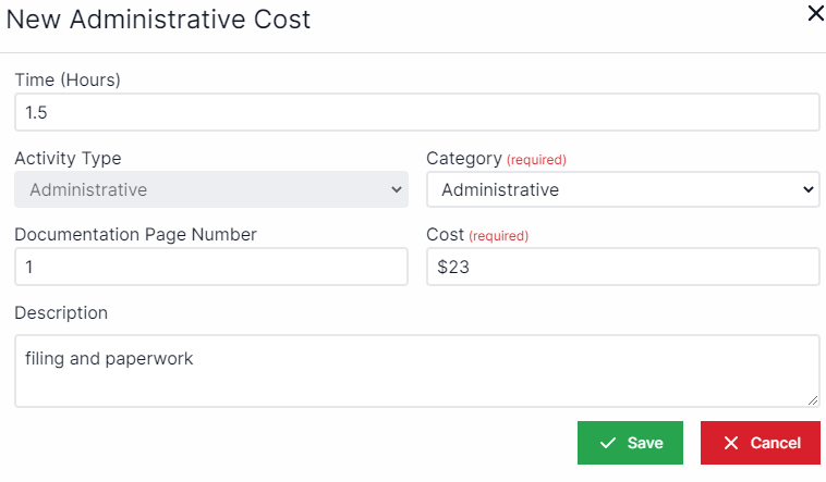 New Administrative Cost pop-up with the time in hours at the top, beneath that on the left the activity type locks as Administrative, on the top right there is a drop-down box for category.  Below activity type is documentation page number. to the right of documentation page number is cost.  Below documentation page number is description.  In the bottom right  are the Save and Cancel buttons