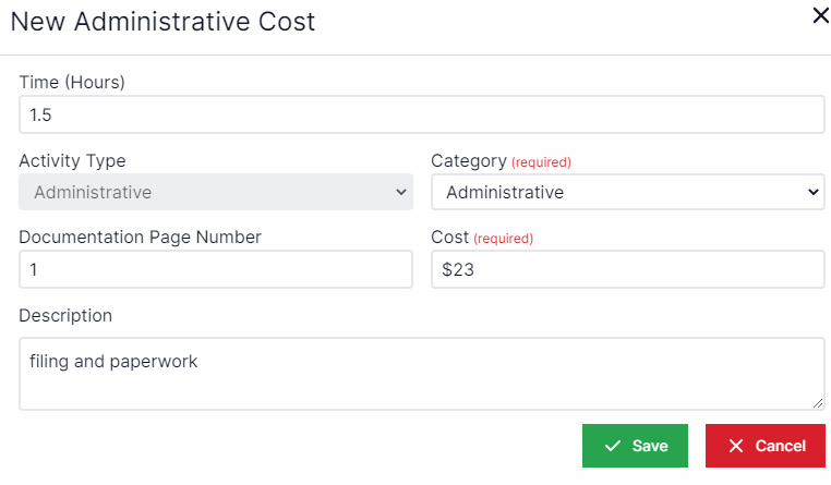 New Administrative Cost pop-up with the time in hours at the top, beneath that on the left the activity type locks as Administrative, on the top right there is a drop-down box for category. Below activity type is documentation page number. to the right of documentation page number is cost. Below documentation page number is description. In the bottom right are the Save and Cancel buttons,