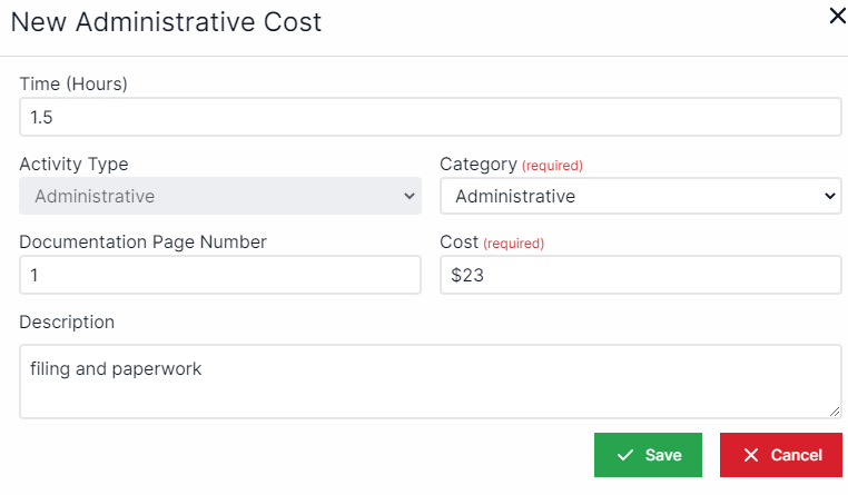 New Administrative Cost pop-up with the time in hours at the top, beneath that on the left the activity type locks as Administrative, on the top right there is a drop-down box for category.  Below activity type is documentation page number. to the right of documentation page number is cost.  Below documentation page number is description.  In the bottom right  are the Save and Cancel buttons,