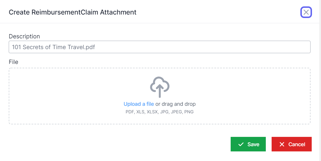 Create Reimbursement Claim Attachment pop-up with description field and below it a place to upload a file. In the bottom right are buttons to Save and Cancel.