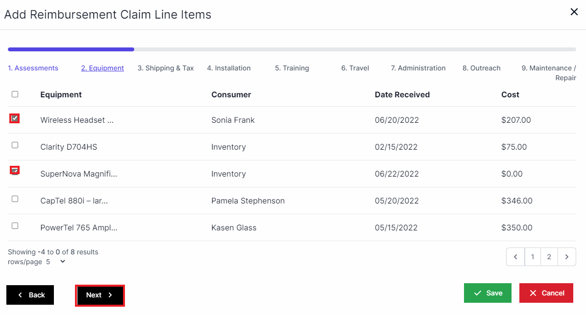 Add reimbursement line items pop-up with assessment, equipment, shipping and tax, installation, training, travel, administration, outreach and maintenance and repair listed across the top. A list of equipment is shown with equipment, consumer, date received, and cost. checkboxes to the left of the equipment are highlighted with a red box. Back and next buttons are on the bottom left and the Next button is highlighted with a red box..The Save and Cancel buttons are in the bottom right.
