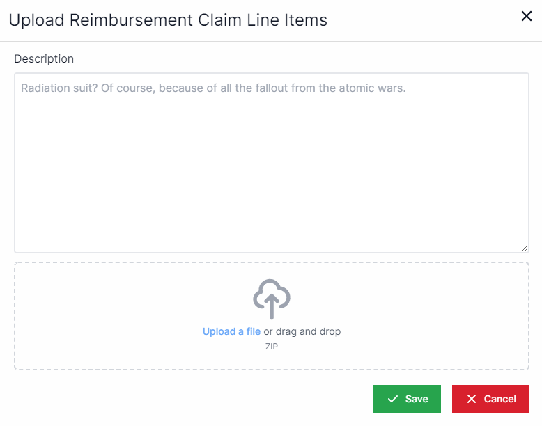 Upload reimbursement Claim Line Items pop-up with description text field, upload a file or drag and drop ZIP section, and Save and Cancel buttons in the bottom right.