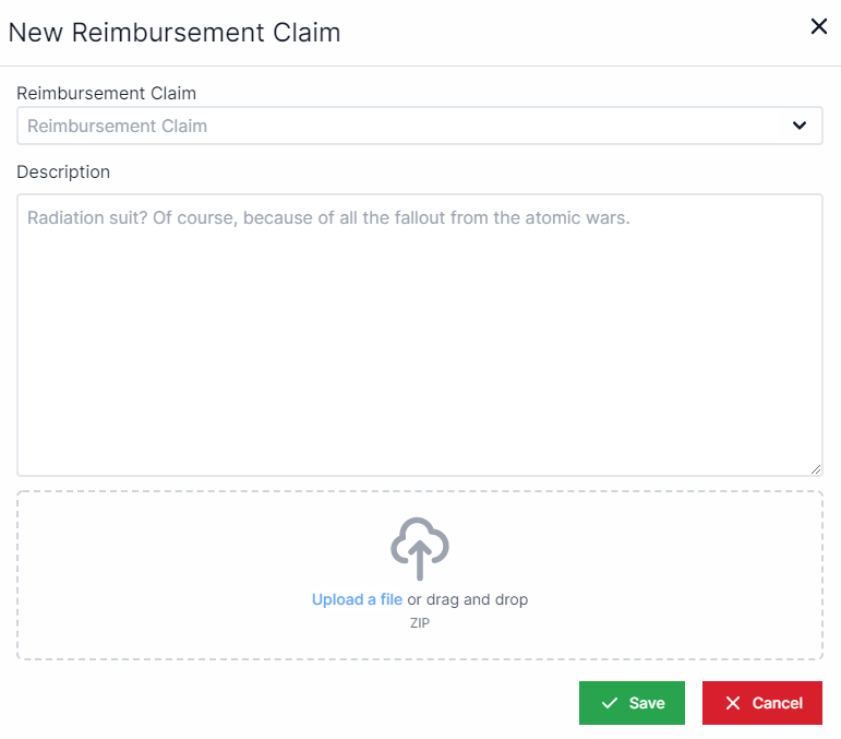 New reimbursement Claim pop-up with Reimbursement claim drop-dopn at the top and description field below it.  Below that is a section to upload a file or drag and drop a ZIP.  In the bottom right are buttons to Save and Cancel.