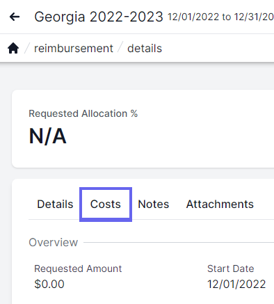Detail of upper left of screen with details tab, costs tab t o the right of details, notes tab to the right of costs, and attachments to the right of notes. Costs tab is highlighted.