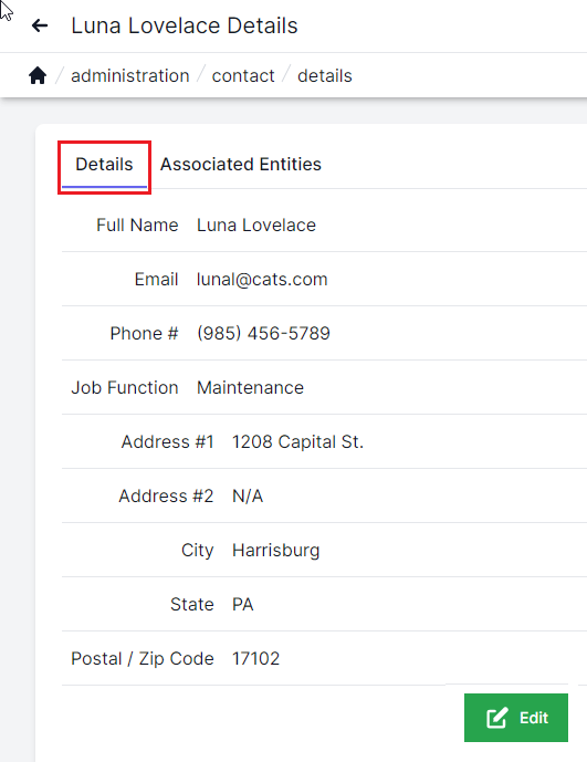 Consumer details tab with full name of contact, beneath that email, beneath that phone number, beneath that job function, beneath that address 1, beneath that address 2, beneath that city, beneath that state, beneath that zip code.  In the bottom right corner there is a green Edit button.