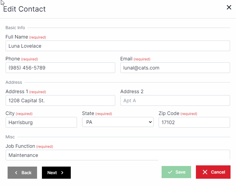 Edit Contact pop-up window with full name at the top, phone below full name, email to the right of phone, address 1 bellow phone, address 2 to the right of address 1, city below address 1 state to the right of city, zip code to the right of state, and job function below city and state. On the bottom left are the Back and Next buttons. On the bottom right are the Save and Cancel buttons.