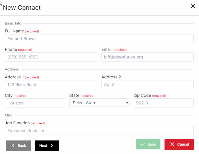 New Contact pop-up window with full name at the top, phone below full name, email to the right of phone, address 1 bellow phone, address 2 to the right of address 1, city below address 1 state to the right of city, zip code to the right of state, and job function below city and state. On the bottom left are the Back and Next buttons. On the bottom right are the Save and Cancel buttons.