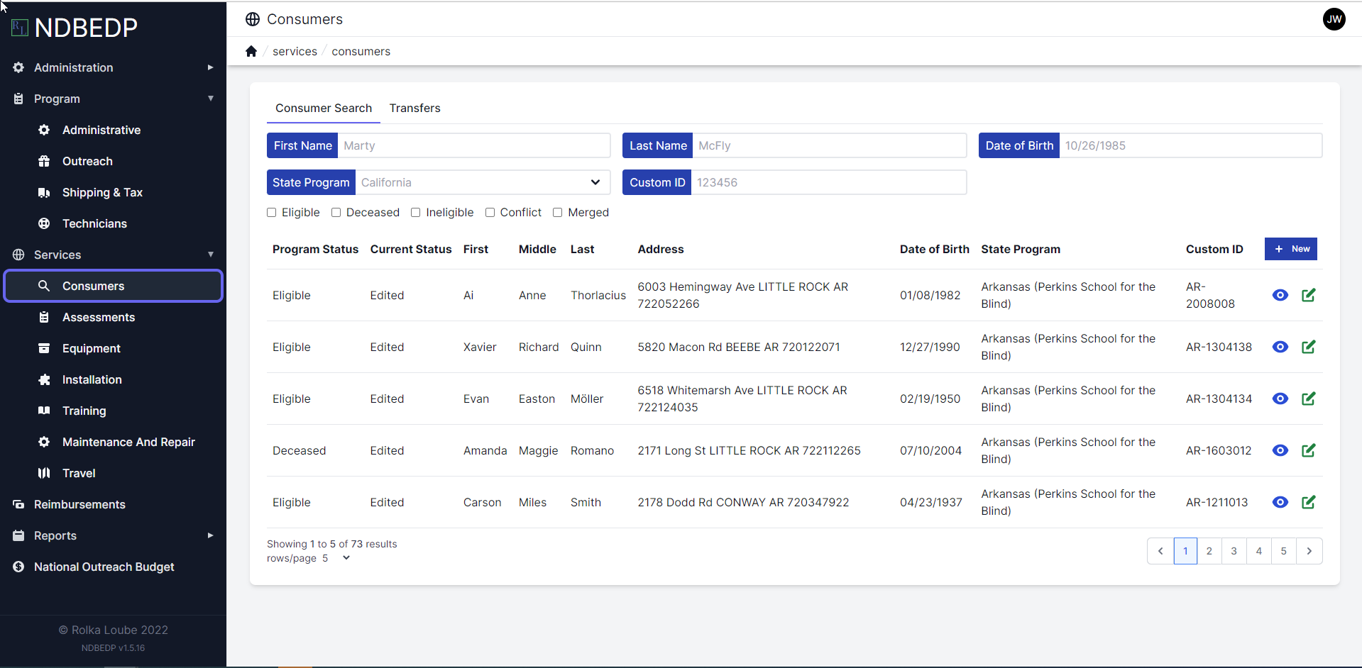 NDBEDP Navigation page showing navigation panel on the left, search feature on the top, and account settings in the upper right corner.