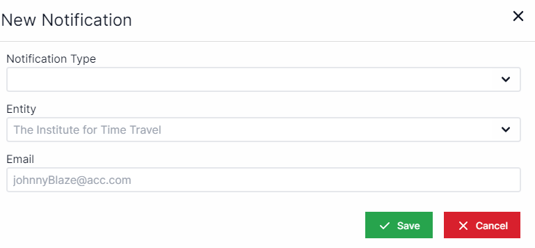 New notification pop-up with Notification Type drop down box, underneath that an Entity drop down box, and underneath that a text entry box for email. Save and Cancel buttons in the bottom right corner.