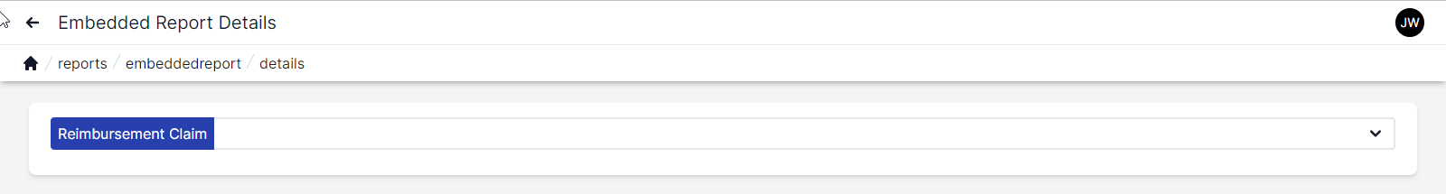 Embedded Report details page with Reimbursement Claim in blue on the right and a drop-down box to select more options to the right of reimbursement claim.