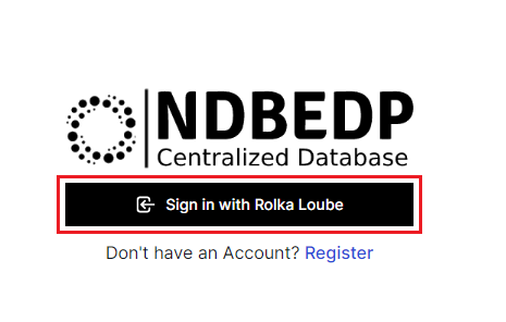NDBEDP Centralized Database logo with button below that reads Sign in with Rolka loube. Below that it reads Don't Have an Account, Register with a link.