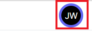 Black circle containing the user's initials is highlighted by a red box.