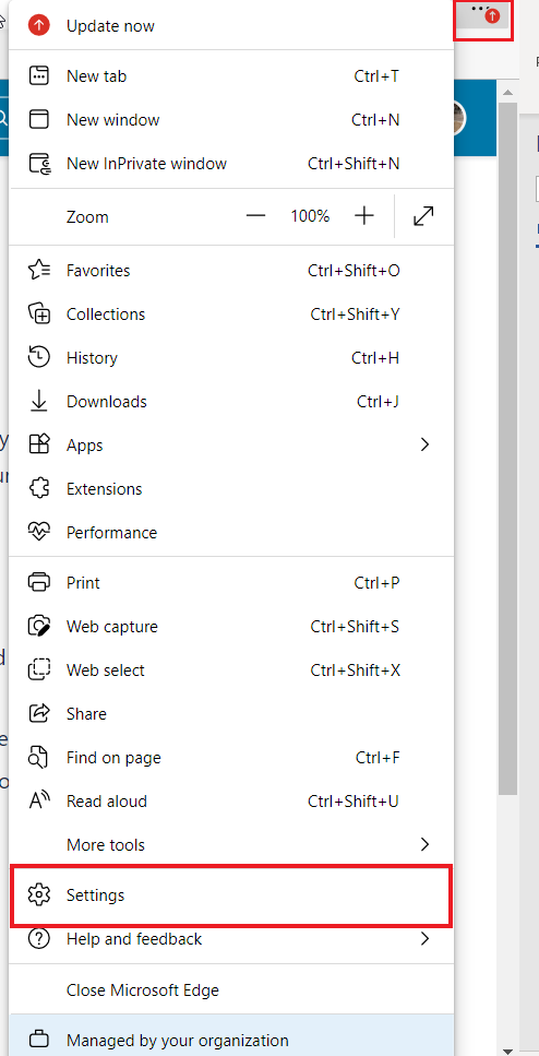 Three dots on the top right are highlighted in a red box.  Next to the three dots a dropdown menu appears with the Settings option highlighted.