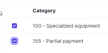 Category and below that are listed 150 - Specialized equipment and 152- Partial payment. To the left of each category is a blue check box that has been checked.