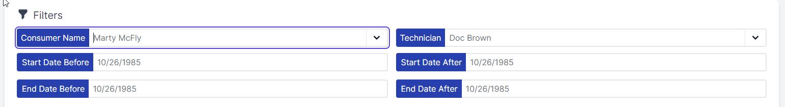 List of filters including consumer name, technician. start date before, start date after, end date before and end date after.