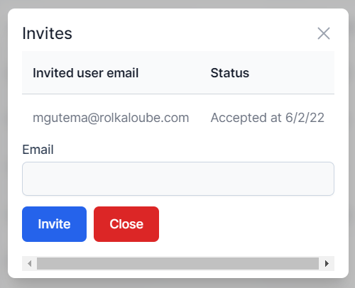 Invites at the top of the screen.  Below that to the left is invited user email and to the right of invited user email is status.  Below invited user email and status is a test box to enter an email.  Below that are buttons on the left bottom corner to invite and close.