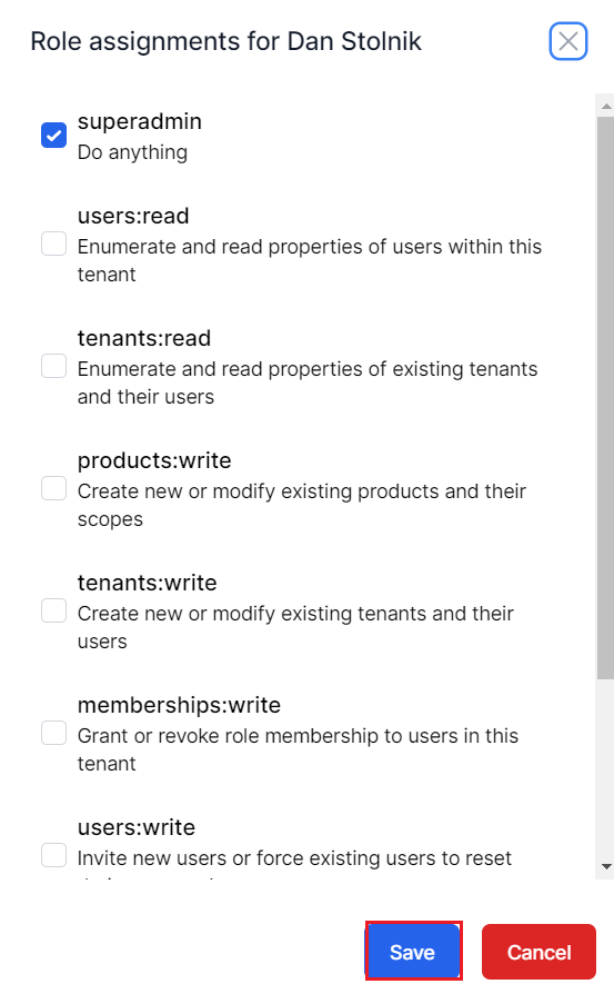 Role assignments for Dan Stolnik at the top with a list of roles and some are checked while others are unchecked. In the bottom right of the screen are buttons for Save which is highlighted by a red box and cancel