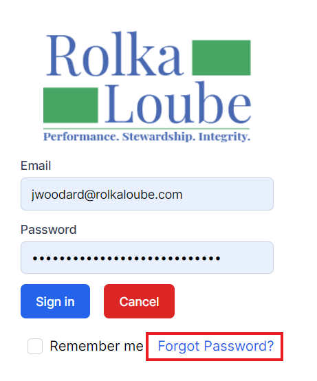 RL Logo with email text box and password text box completed.  Below that is a sign in button on the left and a cancel button on the right.  Below that is a remember me checkbox on the left and a forgot password link on the right in blue.  The forgot password link is highlighted by a red box.