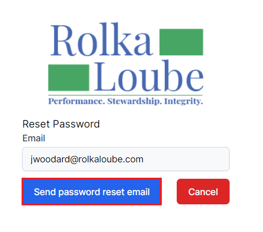 RL logo with Reset Password email below it and an email text box.  Below that is a button on the left that reads Send password reset email highlighted by a red box. On the right is a button that reads cancel.