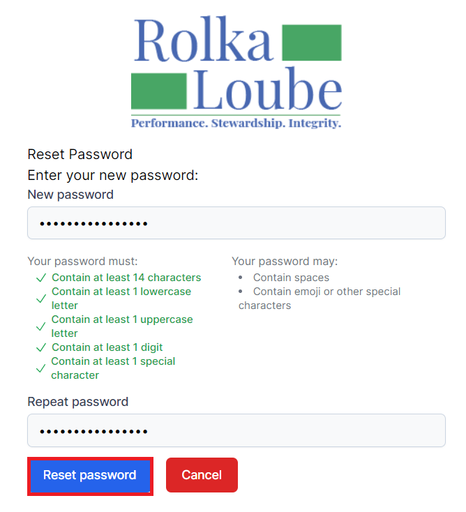 RL Logo with Reset password enter your new password and a password text box.  Below this are the requirements for a new password including that it must contain at lest 14 characters, 1 lowercase letter. 1 uppercase letter. 1 digit, and 1 special character and may contain spaces, emojis or other special characters. Below this is a field to repeat your password. Below this is a button to reset your password which is highlighted in a red box and next to it a button to cancel.