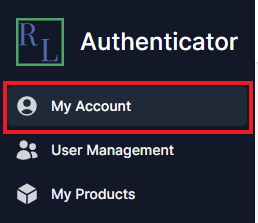 RL Authenticator with My account below it highlighted with a red box. Below that is User Management.  Below User Management is my products