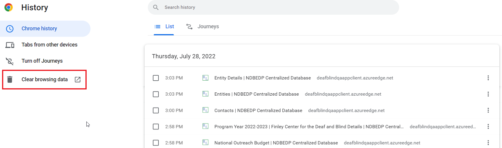 Page showing date and browsing history in the center and a menu with History, Chrome history, Tabs from other devices. Turn off journeys, and Clear browsing data on the left. Clear browsing data is highlighted by a red box.