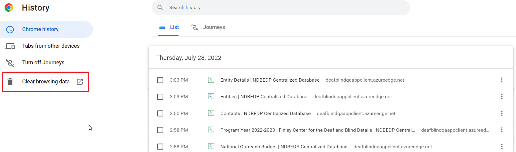 Page showing date and browsing history in the center and a menu with History, Chrome history, Tabs from other devices. Turn off journeys, and Clear browsing data on the left.  Clear browsing data is highlighted by a red box.