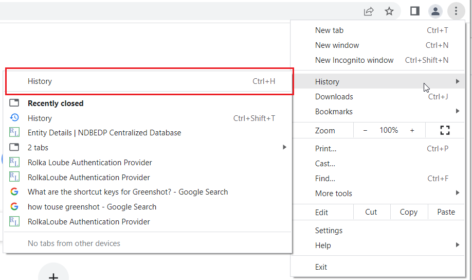 Three dots appear on the upper right corner with a drop down box below. To the left is another menu with the word history highlighted by a red box.