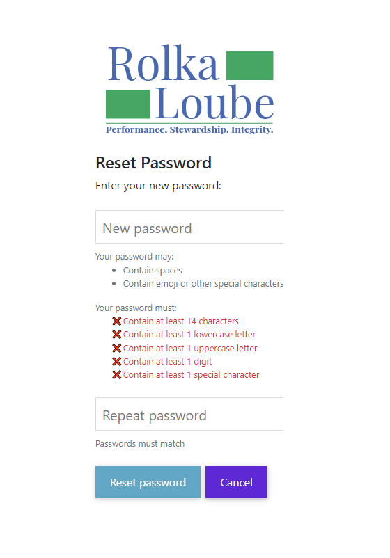 The reset password page has fields for the new password and repeat the new password. At the bottom there are buttons to reset password and cancel.