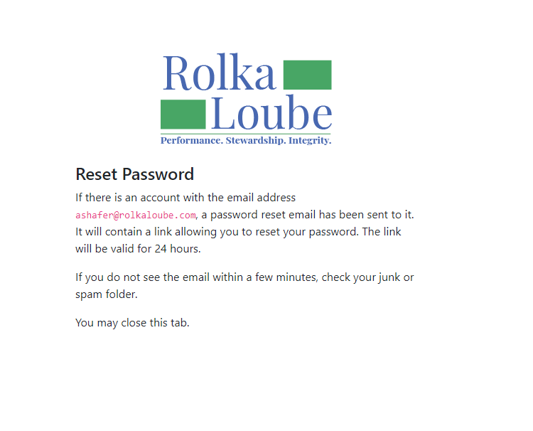 The reset password confirmation page includes a message that a password reset email has been sent and that the tab may be closed.