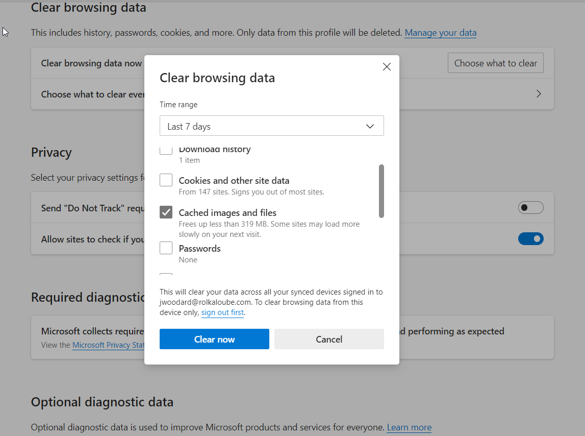 A pop-up window called Clear browsing data is displayed. At the top is a drop-down box with time range and 7 days is selected. Beneath that, cached images and files are selected. The Clear Now button is also selected.