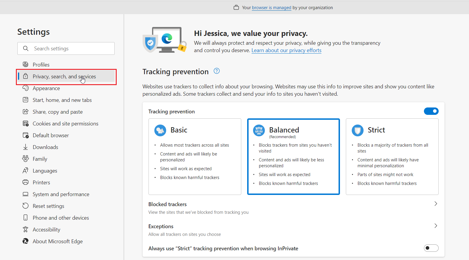 On the left is a menu called Settings. Below settings the Privacy, search, and services option is highlighted with a red box. On the right is a menu called tracking prevention. It has options for basic, balanced, and strict, blocked trackers, and exceptions.