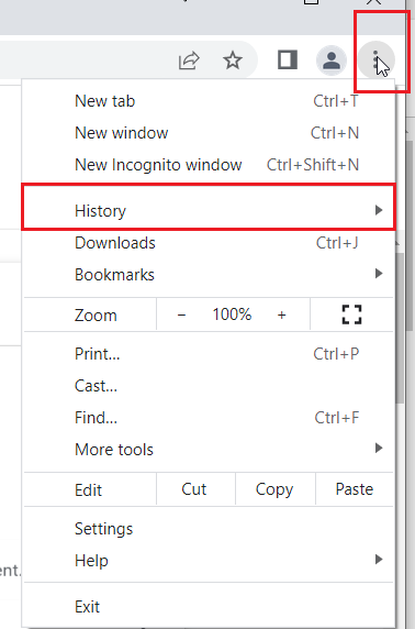 Three dots at the upper right of the screen are highlighted with a red box. Below and to the left of that is a menu with History highlighted by a red box.