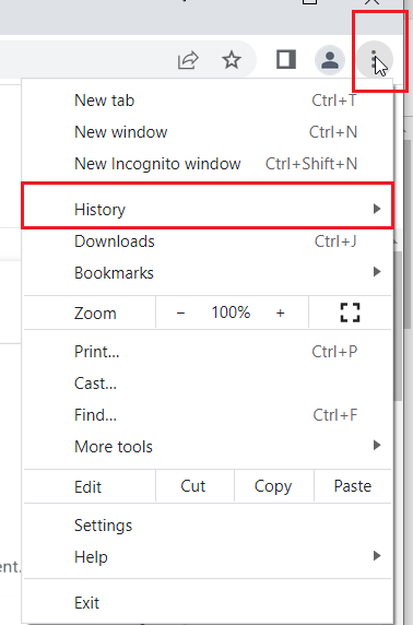Three dots at the upper right of the screen are highlighted with a red box.  Below and to the left of that is a menu with History highlighted by a red box.