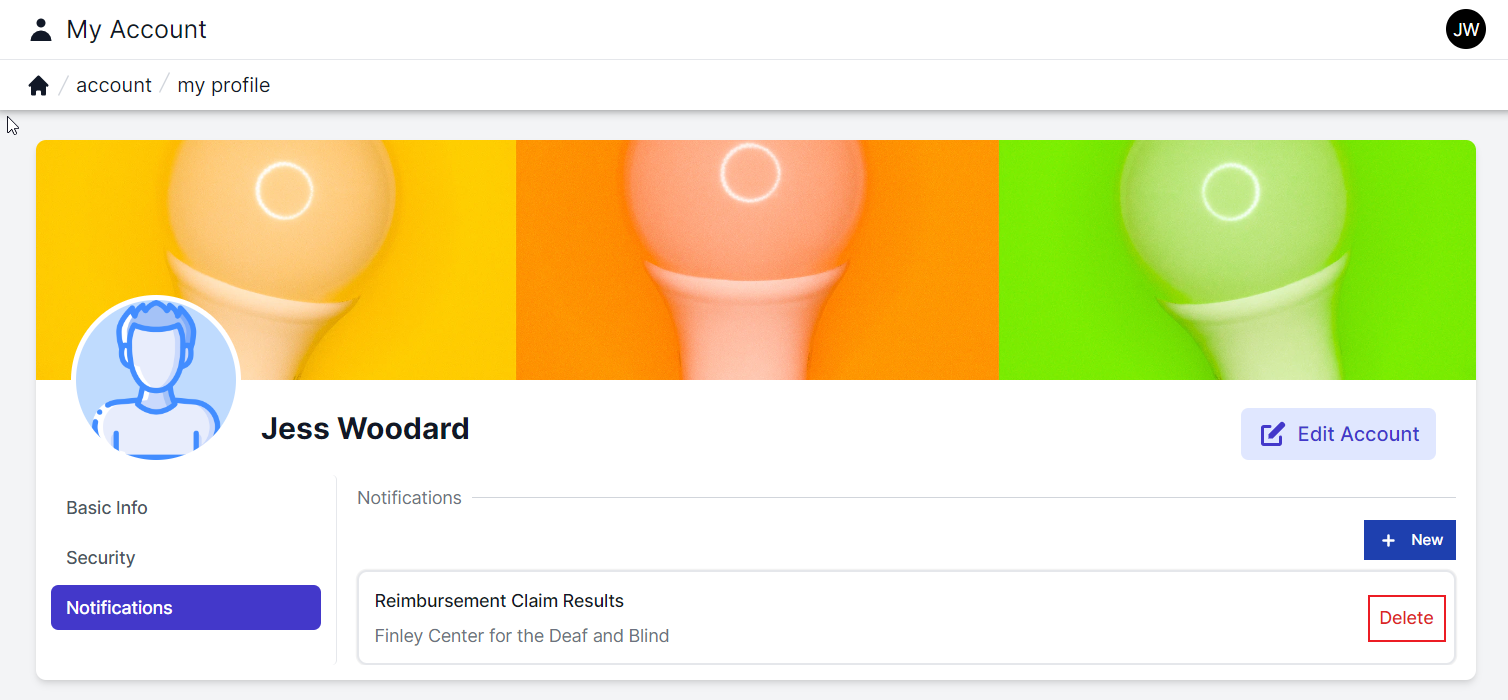 User accounts screen with Notifications highlighted in left corner and reimbursement claim results Finley Center for the Deaf and Blind at the bottom with the word delete in the right corner highlighted by a red box.