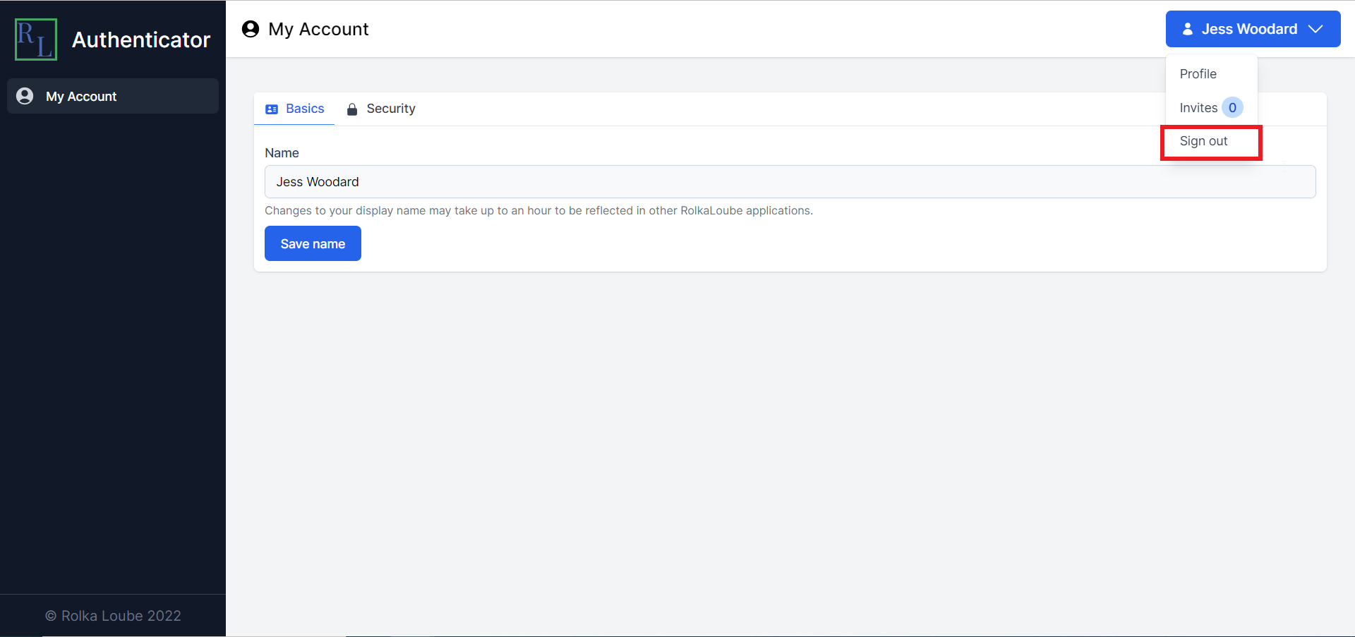 Authenticator menu with My Account below it on the right side. My account on the top of the screen with basics highlighted in blue below My account with name and save name below it. In the top left corner is a user name with profile, invites, and sign out in a menu below it.  Sign out is highlighted with a red box.