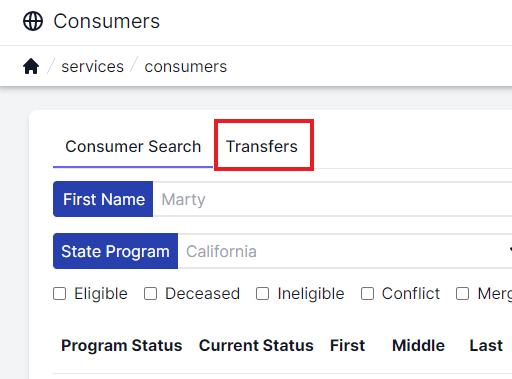 Consumer search page with consumer search tab and transfers tab to the right  of consumer search highlighted by a red box.  Search bars for consumers are shown below these tabs.