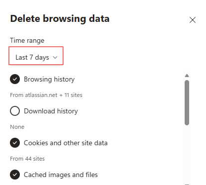 Delete browsing data pop-up window with last 7 days, browsing history, cookies and other site data, and cached images and files selected