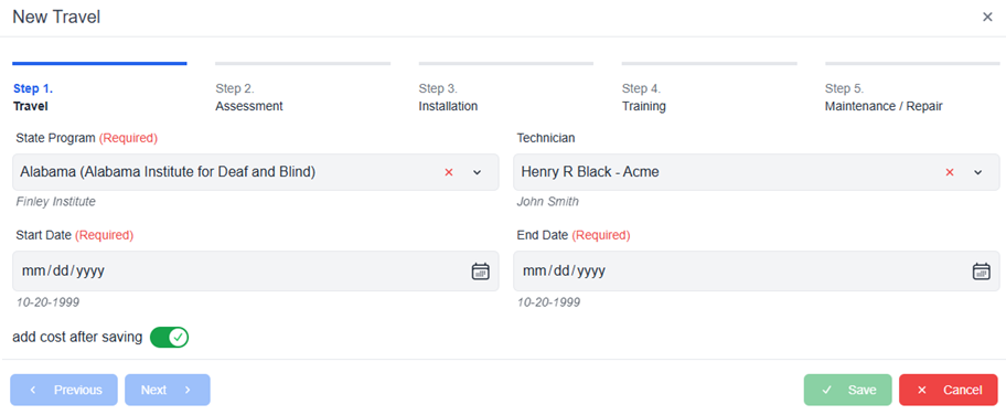 New travel pop-up window with required fields and add cost after saving toggle and next and cancel buttons