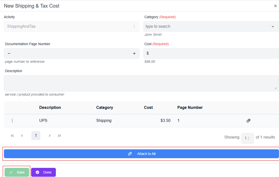 Cost pop-up window with required fields and attach to all button and save button highlighted 