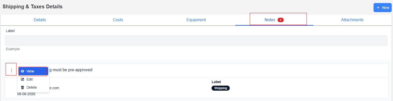 Category details page showing Notes tab selected with View selected from drop-down menu next to note description